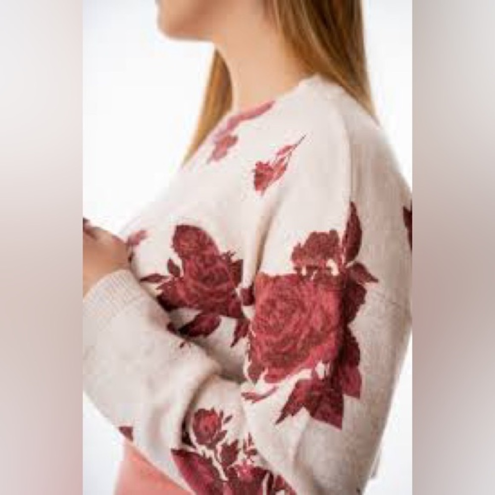 Altar’d State tan & maroon large floral puff sleeve sweater - Picture 2 of 5